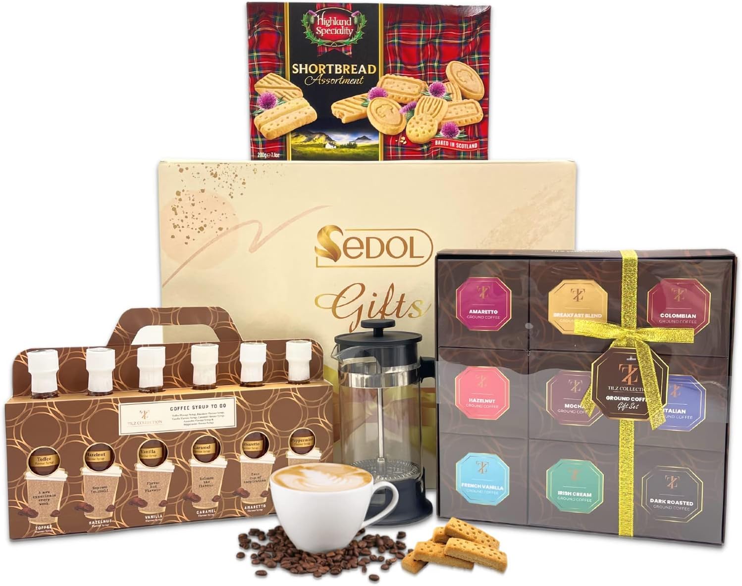 Coffee Gift Set Hamper - Flavoured Ground Coffee Medium-Dark Roasted, Flavoured Coffee Syrup, Shortbread & French Press Coffee Maker - Christmas Hamper Gift for Coffee Lover - Gifts for Him and Her