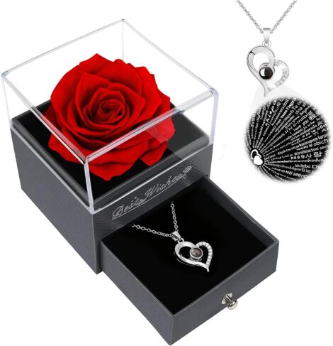 15-word paraphrase: Preserved Red Rose, Romantic Gifts for Her, Perfect Birthday or Christmas Present for Women.