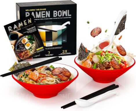 YTLEMON 2-Piece Plastic Ramen Bowl Set – Large Japanese Salad Noodles Soup Bowls with Recipes & Utensils for Gifts