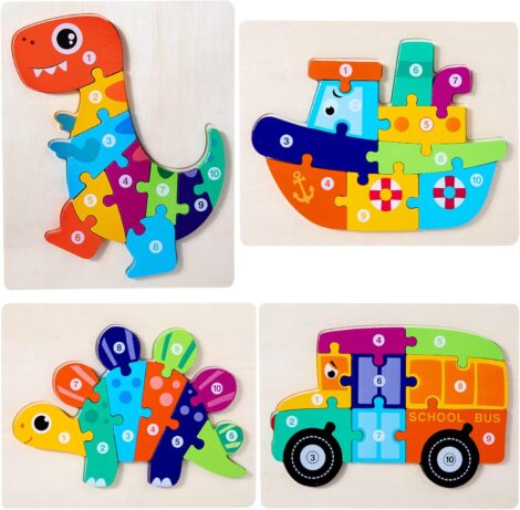 Wooden Dinosaur Animal Jigsaw Puzzles – Educational Toys for 3-Year-Olds, 4-Pack