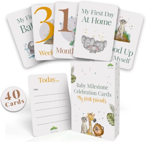 40 Baby Milestone Cards – UK Safari Theme Gift Box – Keepsake for New Parents