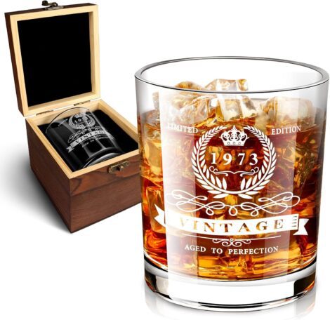 50th Birthday Whiskey Glass Set – Vintage 1973, Wooden Box, Ideal Gift for Men