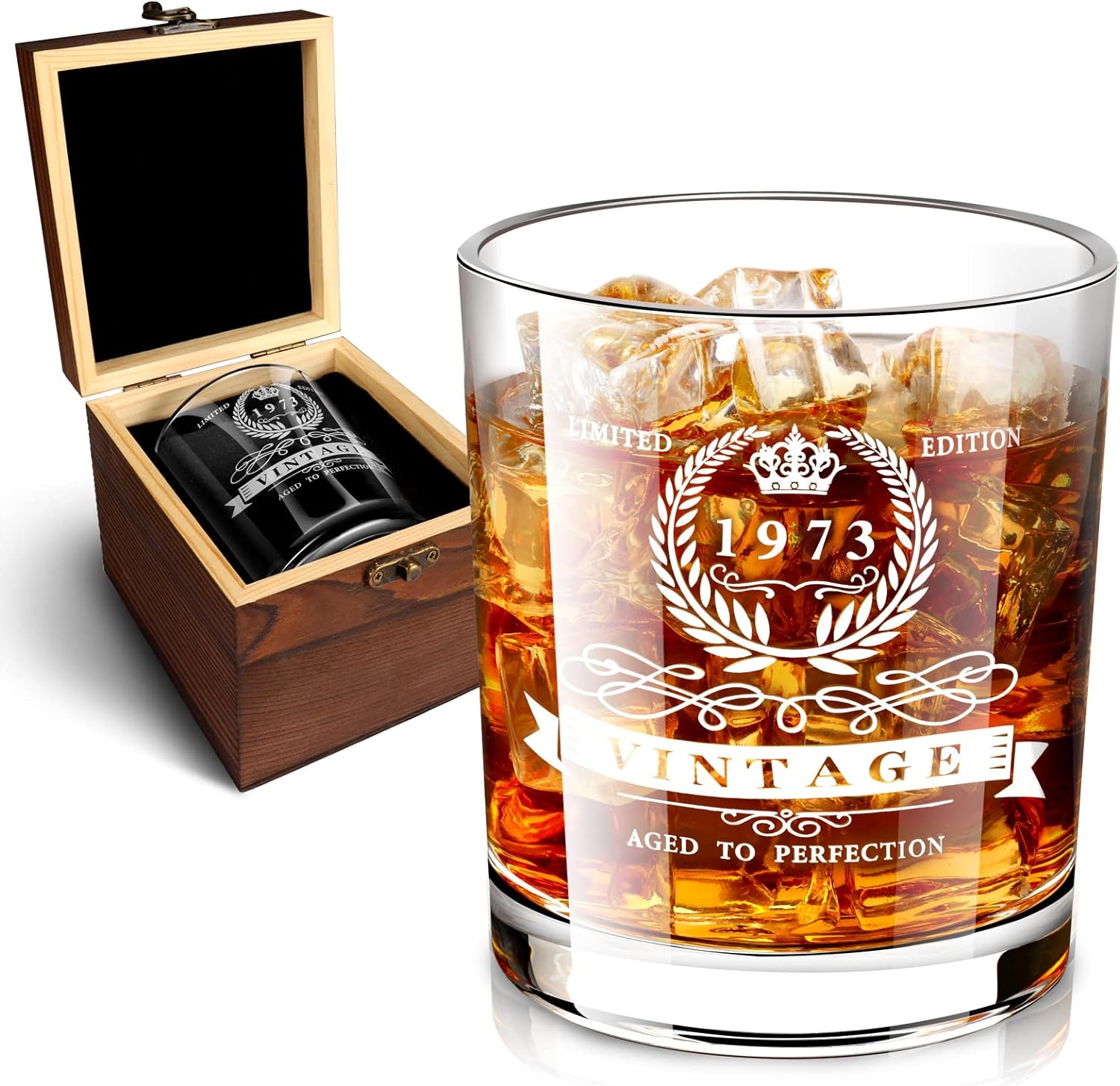 50th Birthday Gifts for Men, Whiskey Glass in Valued Wooden Box, Vintage 1973 12oz Whiskey Rocks Glass for Dad, Husband, Friend, 50th Birthday Decorations for Men