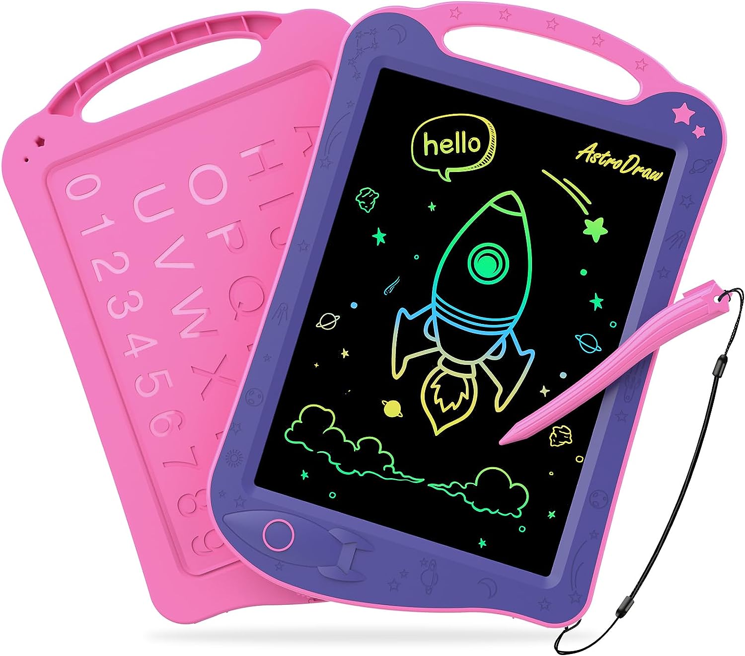 HOMESTEC AstroDraw Girls Toys 2 3 4 5 6 Year Old Girls Gift, Colourful Drawing Pad Portable Handle, LCD Writing Tablet Kids, Travel Learning Toys Birthday Gifts Age 2+ (Purple/Pink)