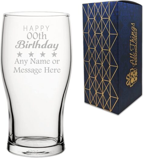 Custom Engraved Birthday Pint Glass – Add Any Age, Name, and Message. Includes Gift Box. Laser Engraved.