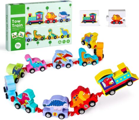 Wooden Dinosaur Train Set: Montessori Toys for 2-4 Year Olds, Easter Birthday Gifts (11PCS).