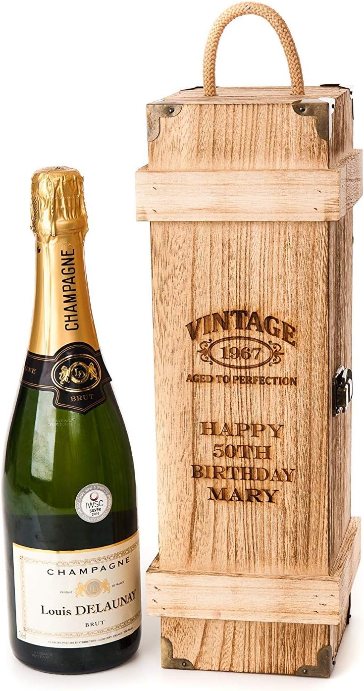 Personalised Wine Box Bottle Gift Box Vintage Chest Birthday Champagne Bottle Gift Box Wooden Wine Box Prosecco Women Her Men 21st 30th 40th 50th 60th (Box only)