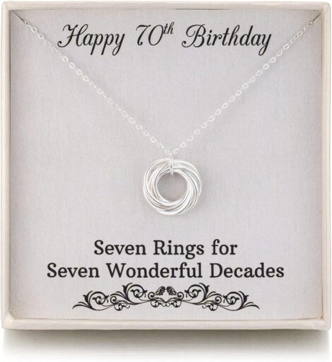 70th Birthday Gift for Women: Sterling Silver 7 Rings Necklace, Jewelry for Grandma and Mum.