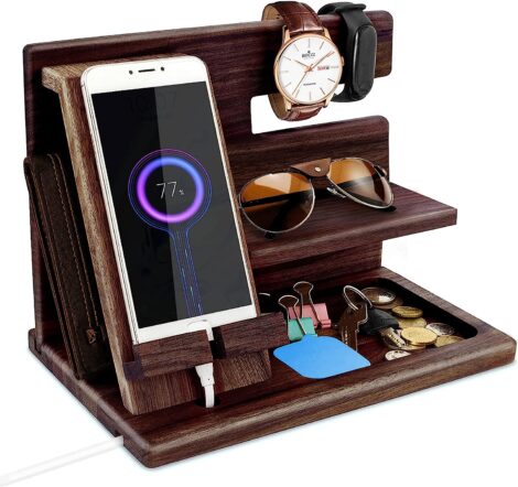 Wooden Bedside Organizer: Men’s Christmas Gift for Dad, Nightstand Stand with Key, Watch, and Wallet Space
