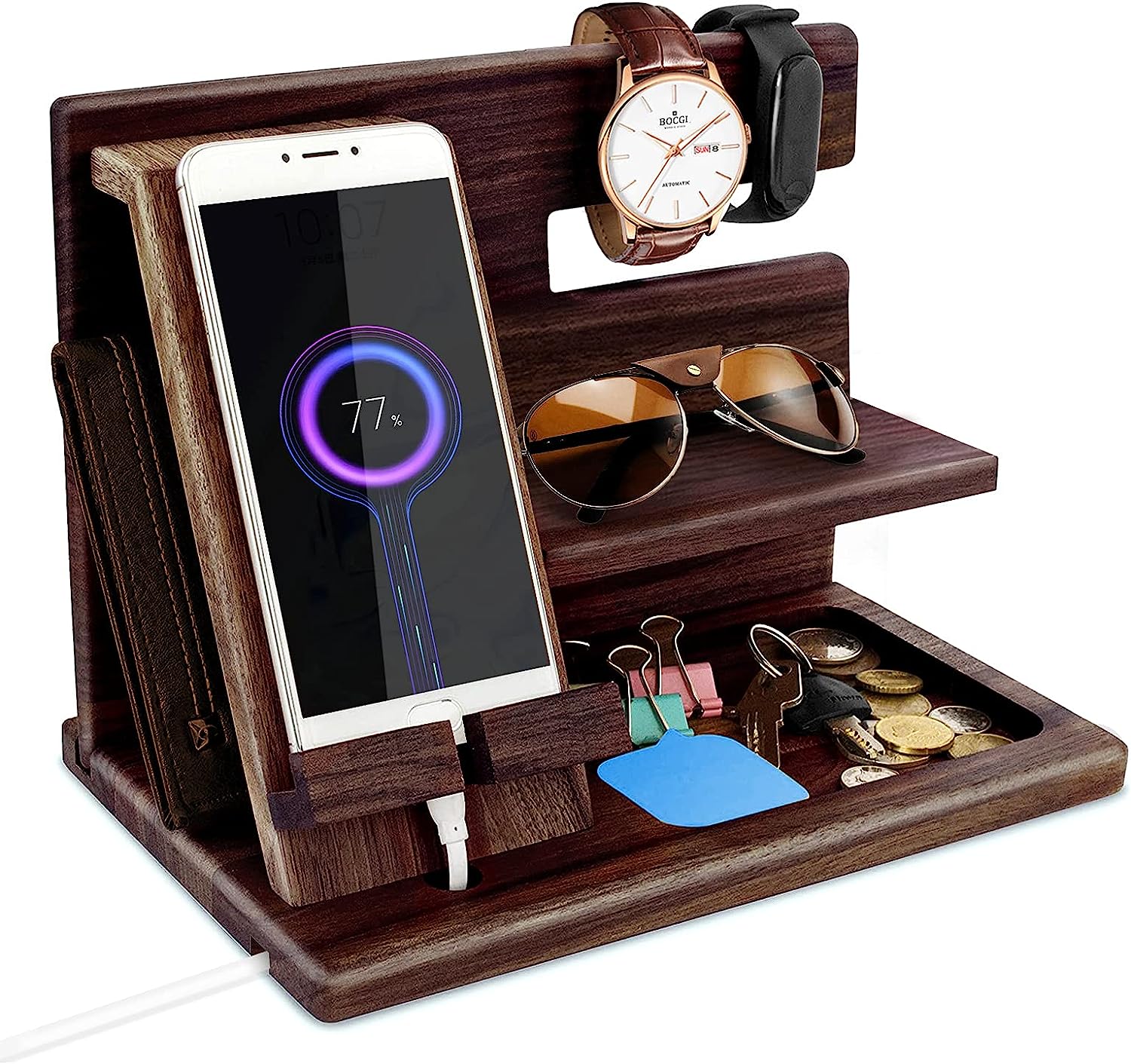 Gifts for Men Christmas Wood Phone Docking Station Dad Gifts for Bedside Organiser for Him Xmas Gift Anniversary Birthday Gifts for Him Gifts for Dad Nightstand Key Watch Wallet Stand Wooden Organizer