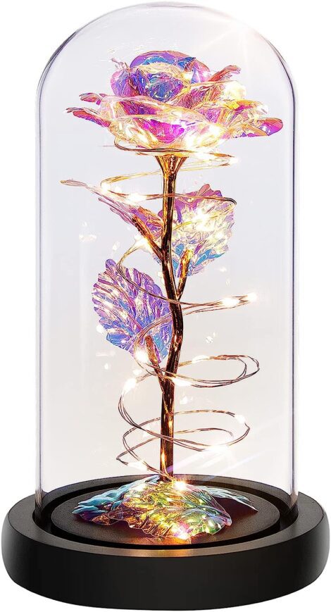 Rainbow Rose Light in Glass Dome – Flower Gifts for Women, Birthday, Christmas, Anniversary.