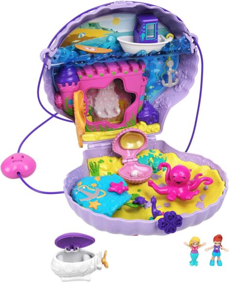 Polly Pocket Travel Toys: Seashell Playset with Micro Polly, Mermaid Dolls, Accessories, Activities, Stickers (Purple)