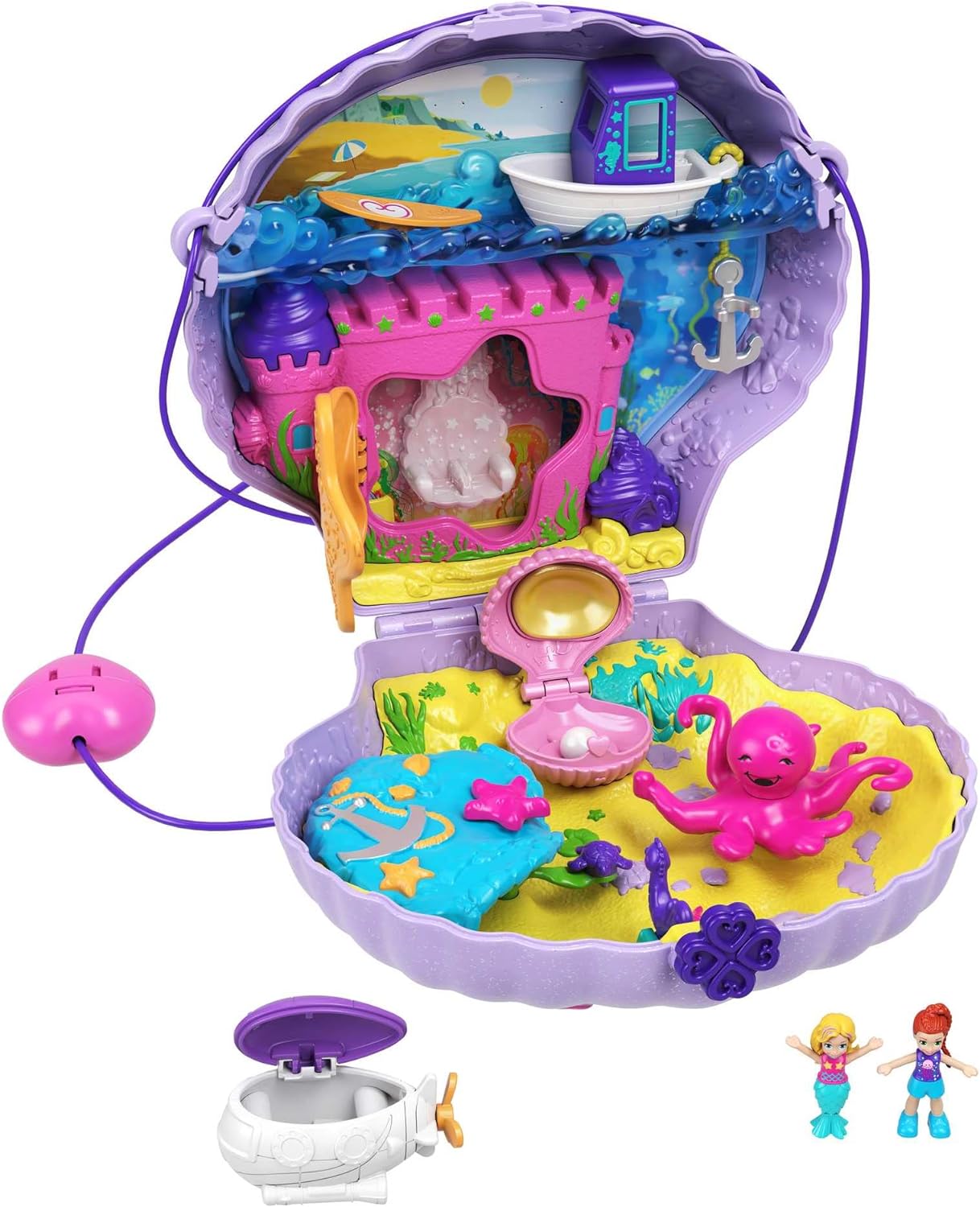 Polly Pocket Travel Toys, Purse Playset with Micro Polly and Mermaid Dolls, Accessories, Activities and Stickers, Seashell Shape, GNH11, Purple