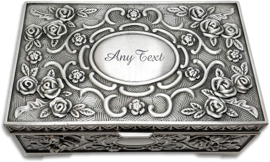 Personalised Jewellery Box for Women Engraved Trinket Box for Girls Mothers Day Gift Vintage Silver Jewelry Case Wedding Birthday Anniversary Christmas (Any Text)