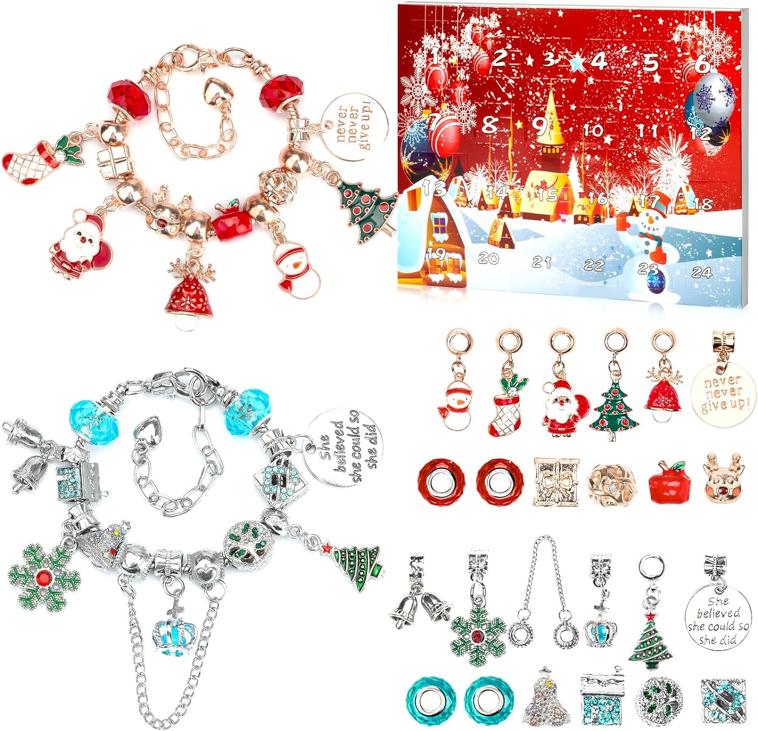Advent Calendar 2023 Girls Christmas Countdown Calendar,Christmas Themed DIY Charm Bracelet Making Kit for Girls, Jewelry Gift Set Including 24 Charms Beads, 2 Bracelets (Red-ball)