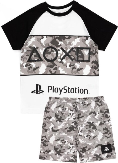 Boys’ PlayStation PJs: Camo T-Shirt with Shorts or Trousers, Gamer Console Merch.