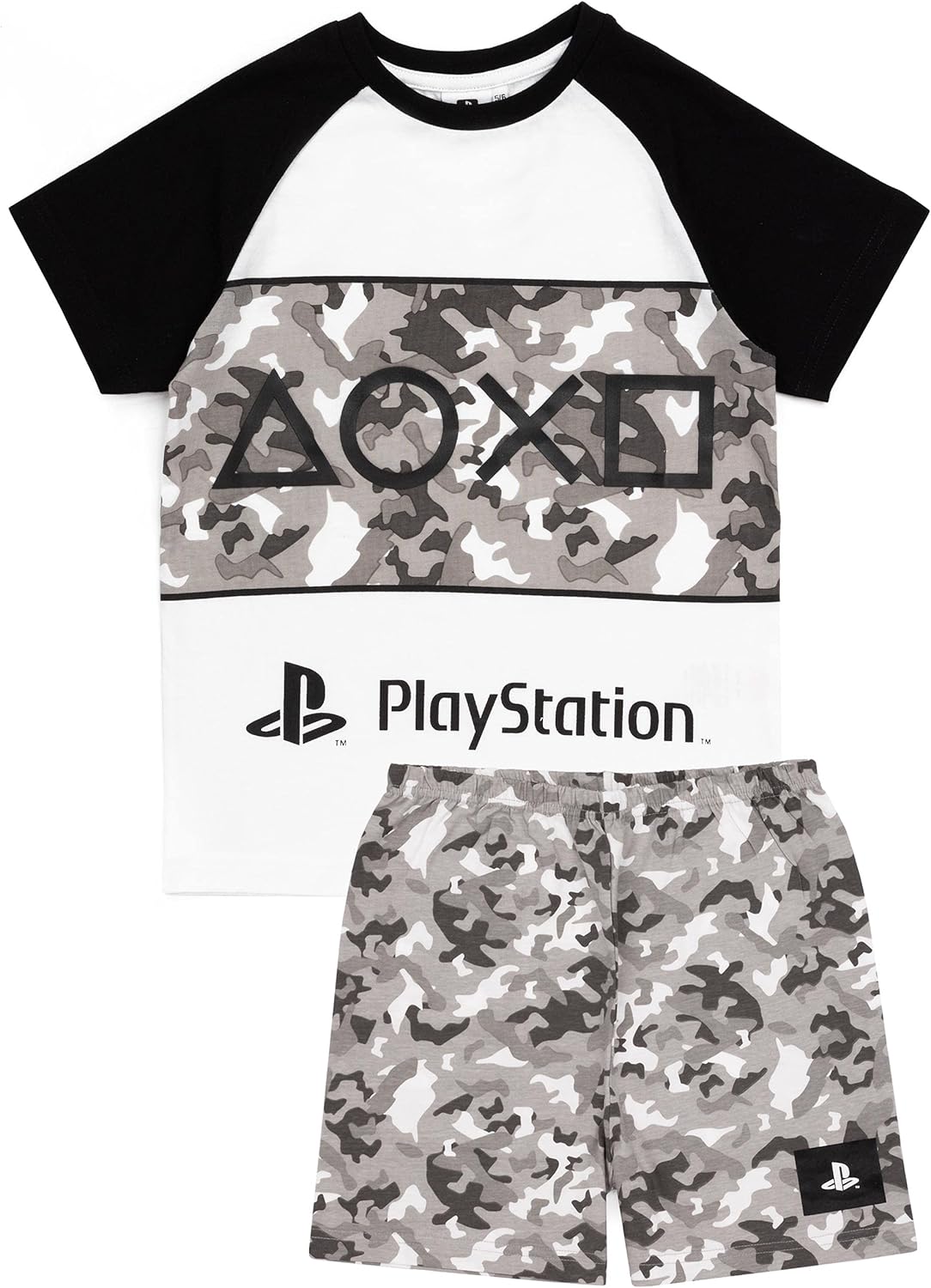 PlayStation Pyjamas For Boys | Kids Camo T Shirt With Shorts OR Trousers Gamer PJs | Console Controller Gamepad Merchandise