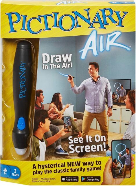 Pictionary Air: A smart device-connected drawing game for ages 8+ by Mattel Games.