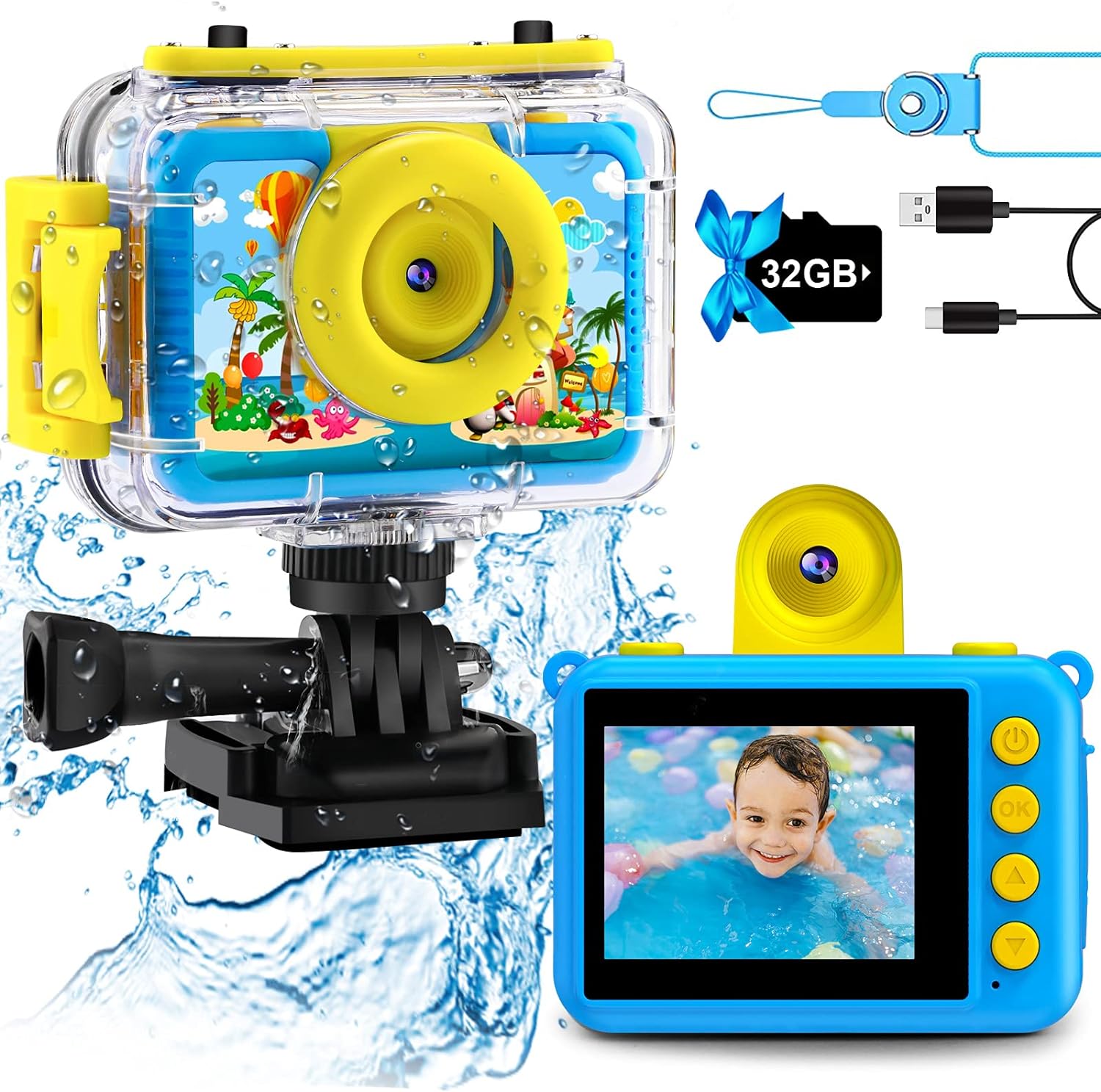 GKTZ Kids Waterproof Camera Toys for 3-12 Year Old Boys Girls Birthday Gifts Kids Underwater Sports Camera Children Digital Action Camera 20MP with 32GB Card (Blue)