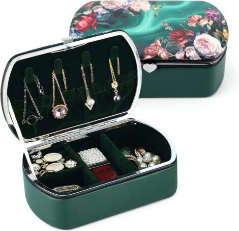 Compact Floral Leather Jewelry Organizer – Green Travel Case for Rings, Earrings, Necklace, Bracelet, Watch, Hair Accessories (5.6×3.5×1.9in)