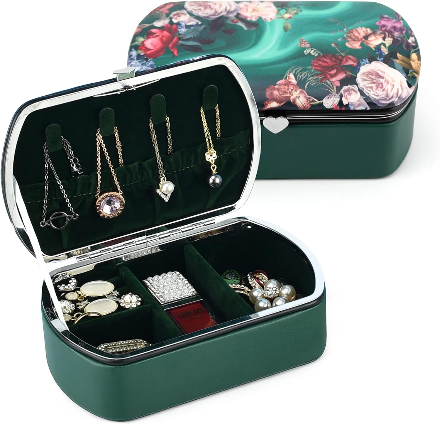 Vintage Jewellery Box Organiser - Small Travel Jewellery Case for Rings, Earrings, Necklace, Bracelet, Watch, Hair Accessories, Floral Leather Jewelry Gift Box for Girls Women (Green, 5.6x3.5x1.9in)