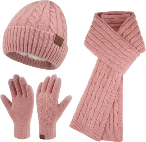 ZASFOU Winter Beanie Hats Set: Womens Touchscreen Gloves, Fleece Lined Knit Beanies & Long Scarfs. Great Gifts for Women.