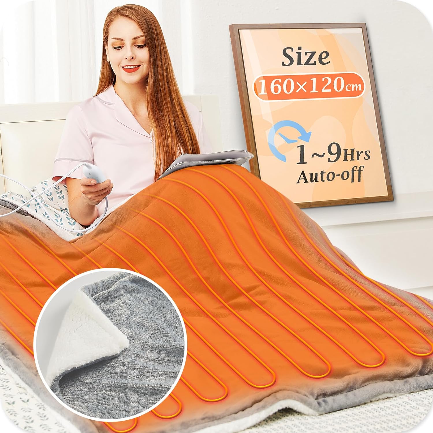 Mia&Coco Electric Heated Blanket Throw Flannel Sherpa Fast Heating 120x160cm, 10 Heat Levels & Up-to-9-Hours Auto-Off Timer & LED Display, for Home Office Use, Machine Washable, ETL Certified, Grey