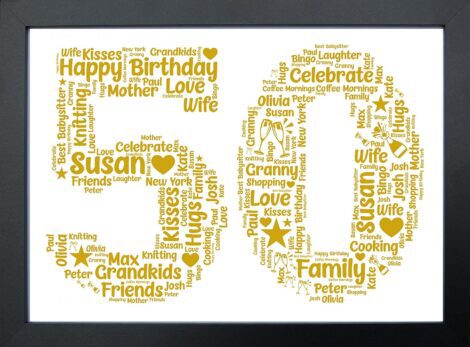 Custom Birthday Gifts – 50th Keepsake – Personalized Word Art Print – Unique Presents for her or him.