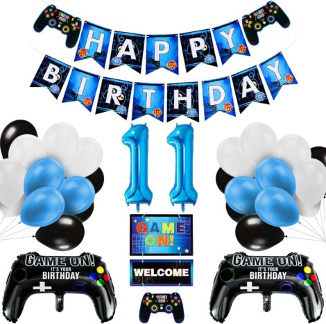 Game-themed birthday party decorations package for 11th birthdays including balloons and a gaming banner.