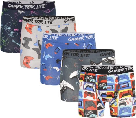 Kids Gamer Boxer Trunks – Gaming Controller Design – 5 Pack – Ages 5-13