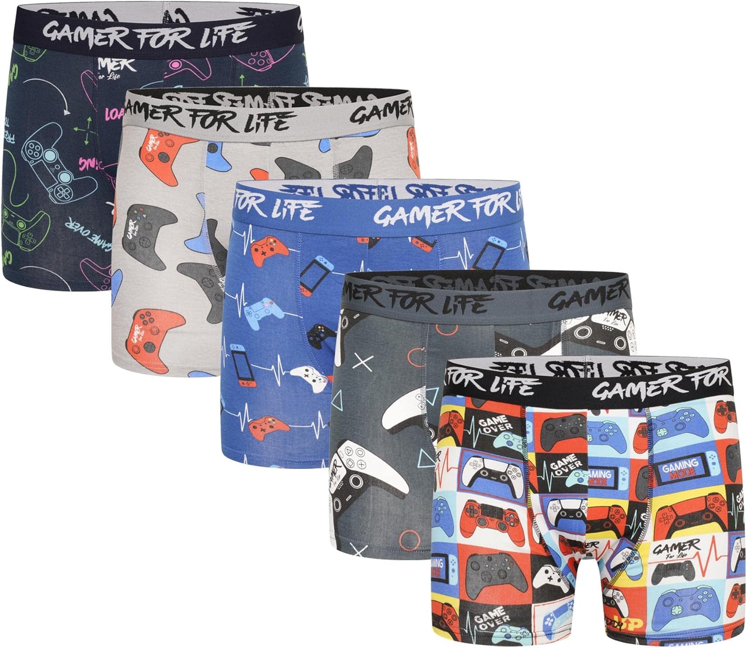 Gamer Kids Boxer Trunks -5 Pack - Gamer For Life Jacquard Waistband - Gaming Controller Design Underwear - 95% Cotton, 5% Elastane - Ages 5-6, 7-8, 9-10, 11-12, 13 Years (Gamer For Life