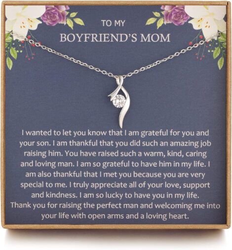 Son’s Boyfriend Mom Necklace – Sterling Silver CZ Ribbon Pendant, Mothers Day & Birthday Gift.