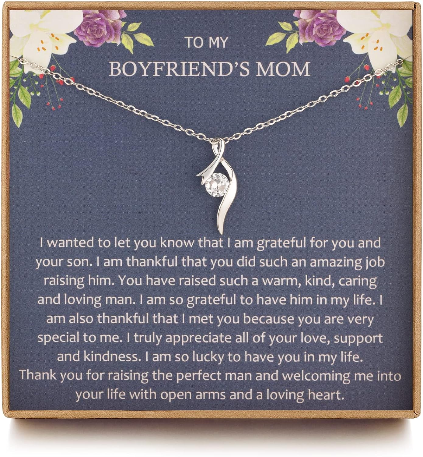 Boyfriend Mom Necklace from Son, Gifts for Boyfriend Mom, Sterling Silver Ribbon CZ Necklace for Women, Mothers Day Jewelry Birthday Gift