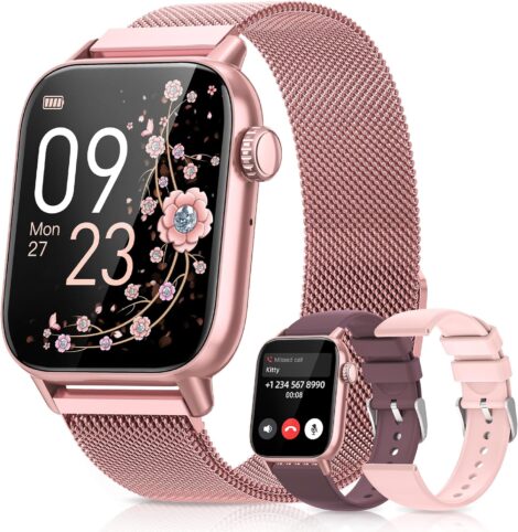 BANLVS Bluetooth Smart Watch: Women’s 1.85″ Smartwatch, IP68 Waterproof, 110+ Sports Modes, iOS/Android, Pink.