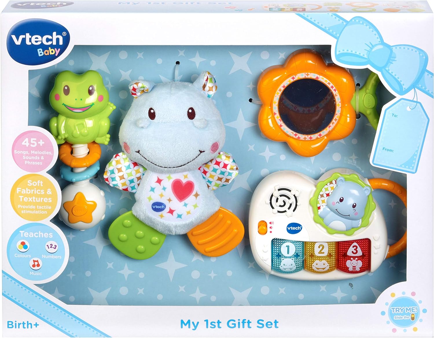 VTech My First Gift Set New Baby Gifts, New-born Baby Toys Including Hippo Animal Plush, Baby Teether, Baby Rattle & Baby Musical Toy, Baby Toys 0, 6, 12 Months & Over for Boys & Girls