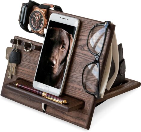 Teslyar Wood Phone Dock: Gifts for Men, Father, Xmas, Anniversary, Birthday; Bedside stand, Desk Organizer, Wallet & Key Holder, Nightstand.