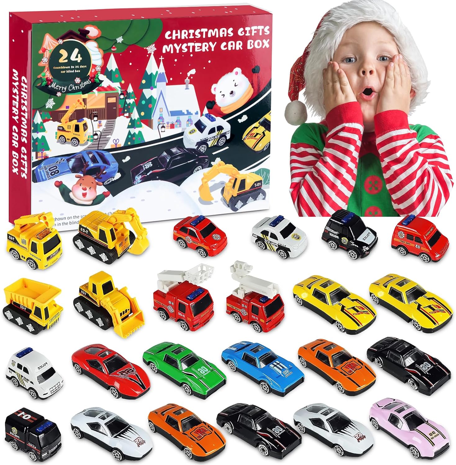 Advent Calendar 2023 for Kids, 24 Days of Premium Alloy Toy Cars, Christmas Countdown Delight with Engineering Vehicles, Racing & Police Cars - Perfect Holiday Surprise Gift for Boys & Girls