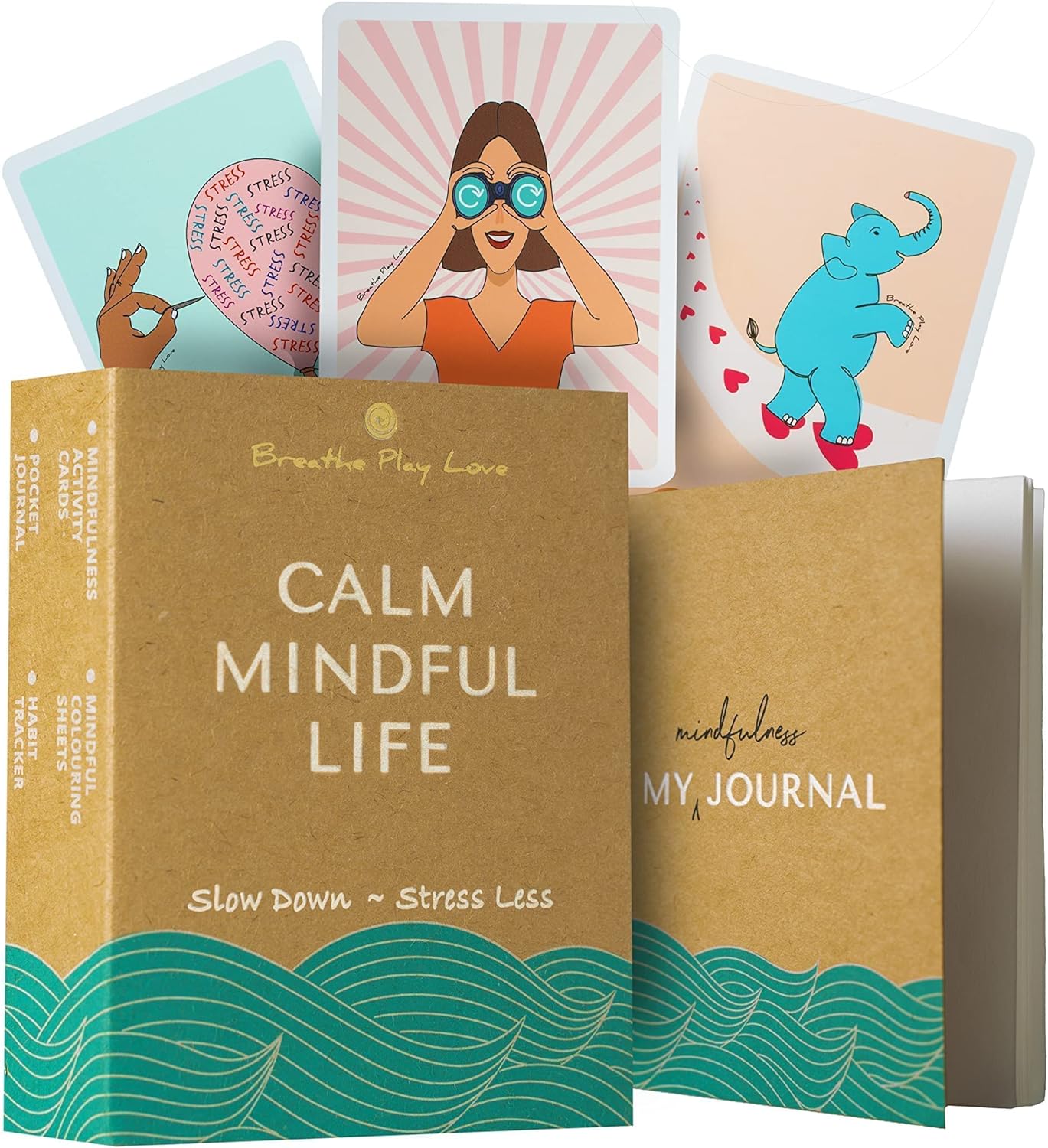 Breathe Play Love Mindfulness Gift Box—33 Mindfulness Challenge Cards, Pocket Journal, Mindful Colouring—Wellbeing & Self-Care Gifts for Women, Men, Teenagers for Stocking Fillers & Secret Santa