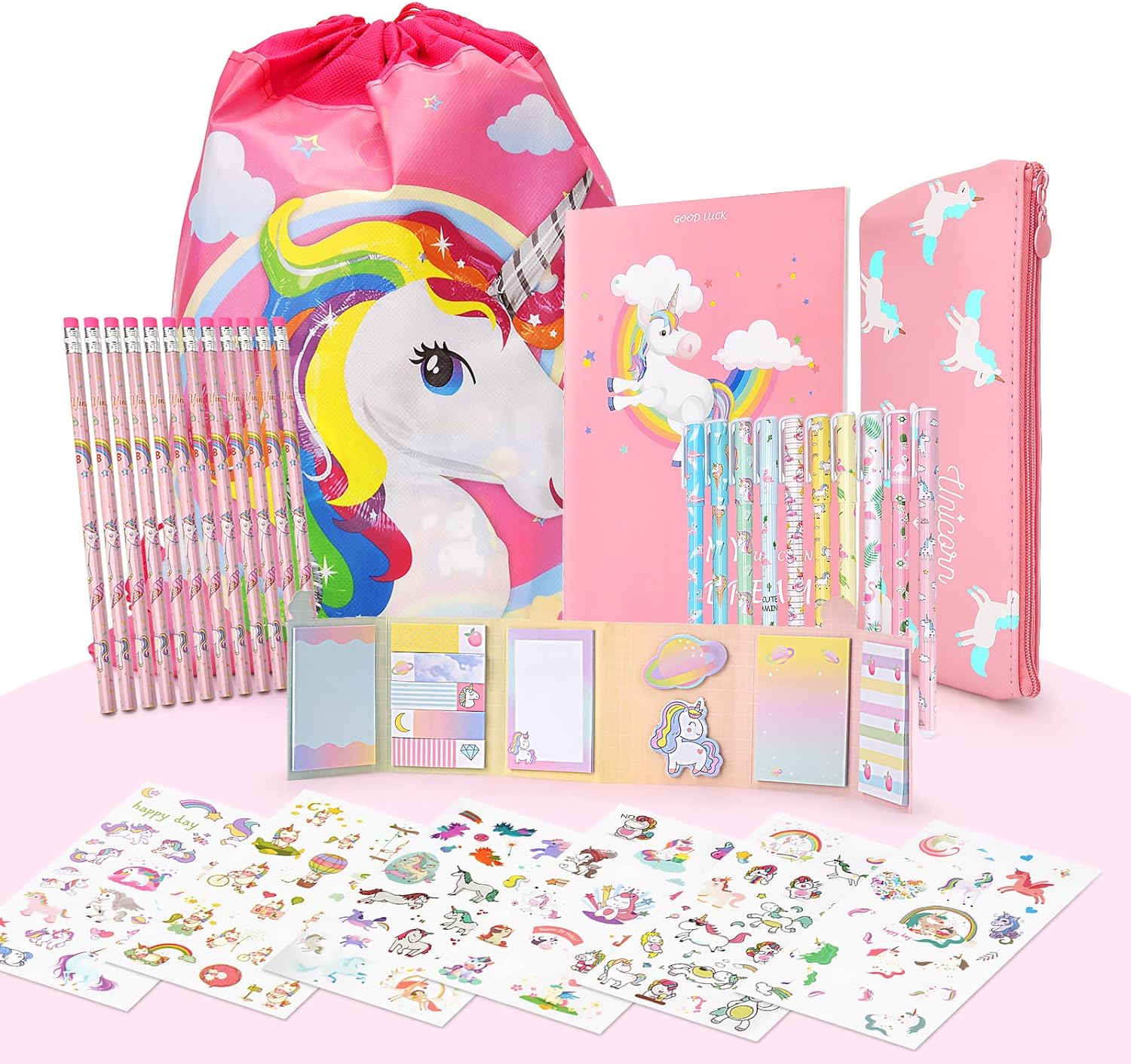 Maomaoyu Cute Unicorn Gift for Girls, Pencil Case with 12 Colorful Unicorn Pencils and Unicorn Aesthetic Stickers, Stationery Sets for Teenage Girls & Boys,Pink