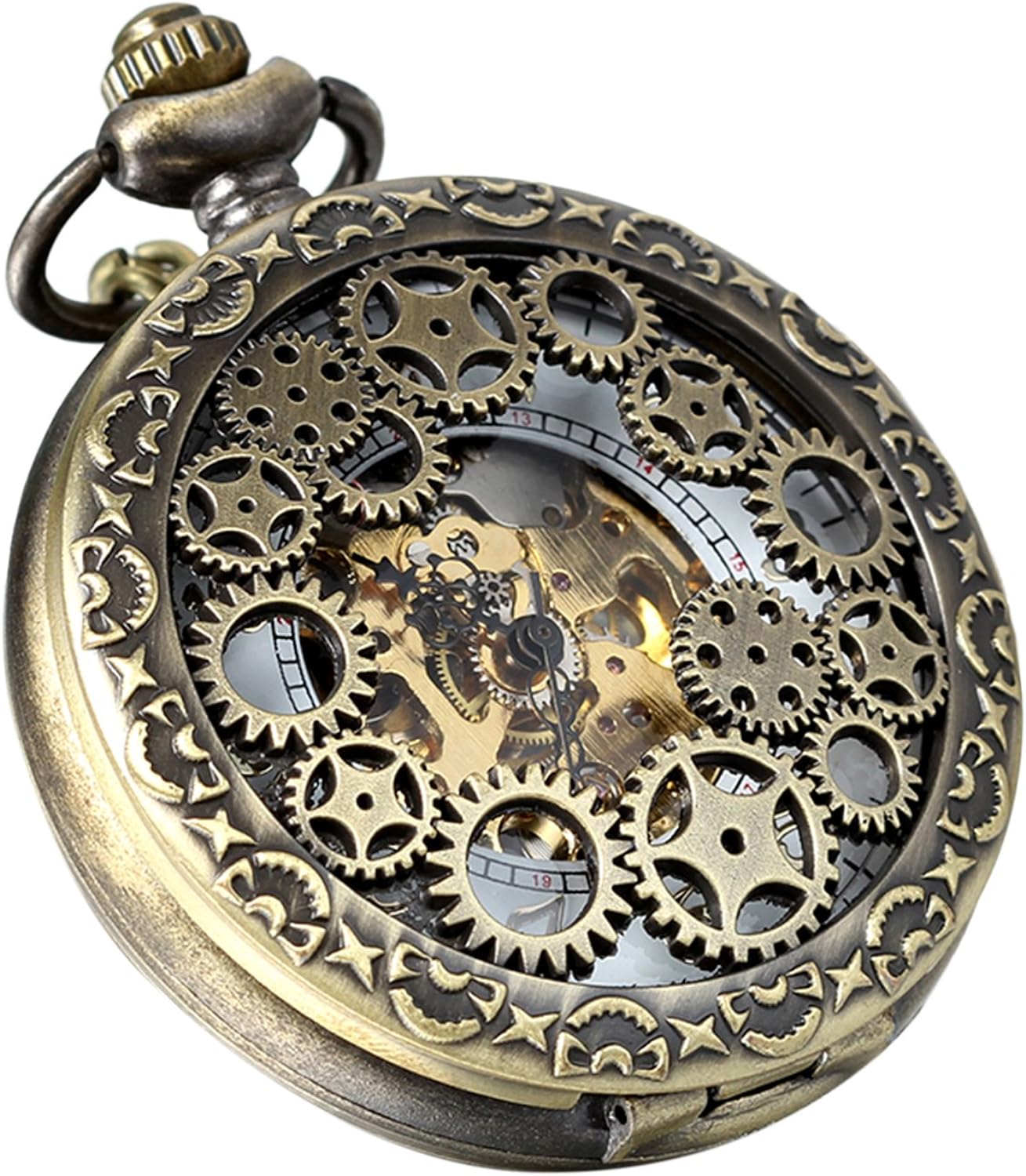 Avaner Steampunk Retro Half Hunter Copper Gear Skeleton Hand Wind Mechanical Roman/Arabic Numeral Analog Display Pocket Watch with 14" Chain