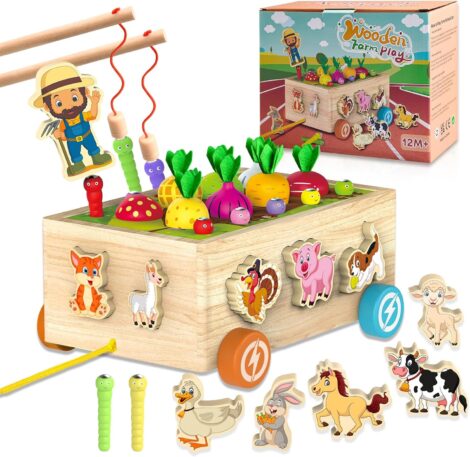 Wooden sensory toys for 3-5 year olds, Montessori educational fishing game and puzzle for kids. (animals)