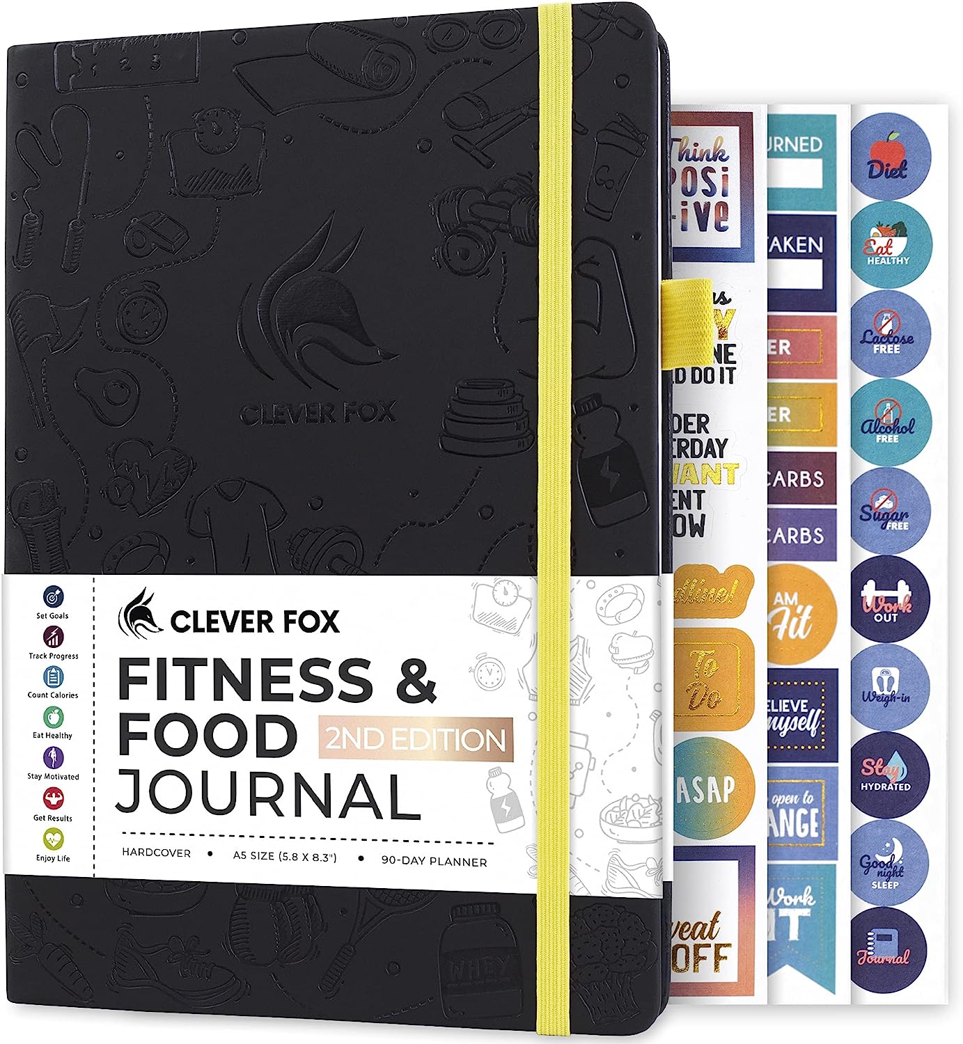 Clever Fox Fitness & Food Journal – Nutrition & Workout Planner for Women & Men – Diet & Gym Exercise Log Book with Calendars, Diet & Training Trackers - Undated, A5, Hardcover (Black)