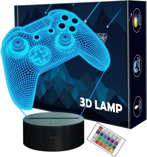 Lightzz 3D Gamepad Night Light: Multi-colored game-themed 3D lamp with remote, perfect for game fans’ rooms.