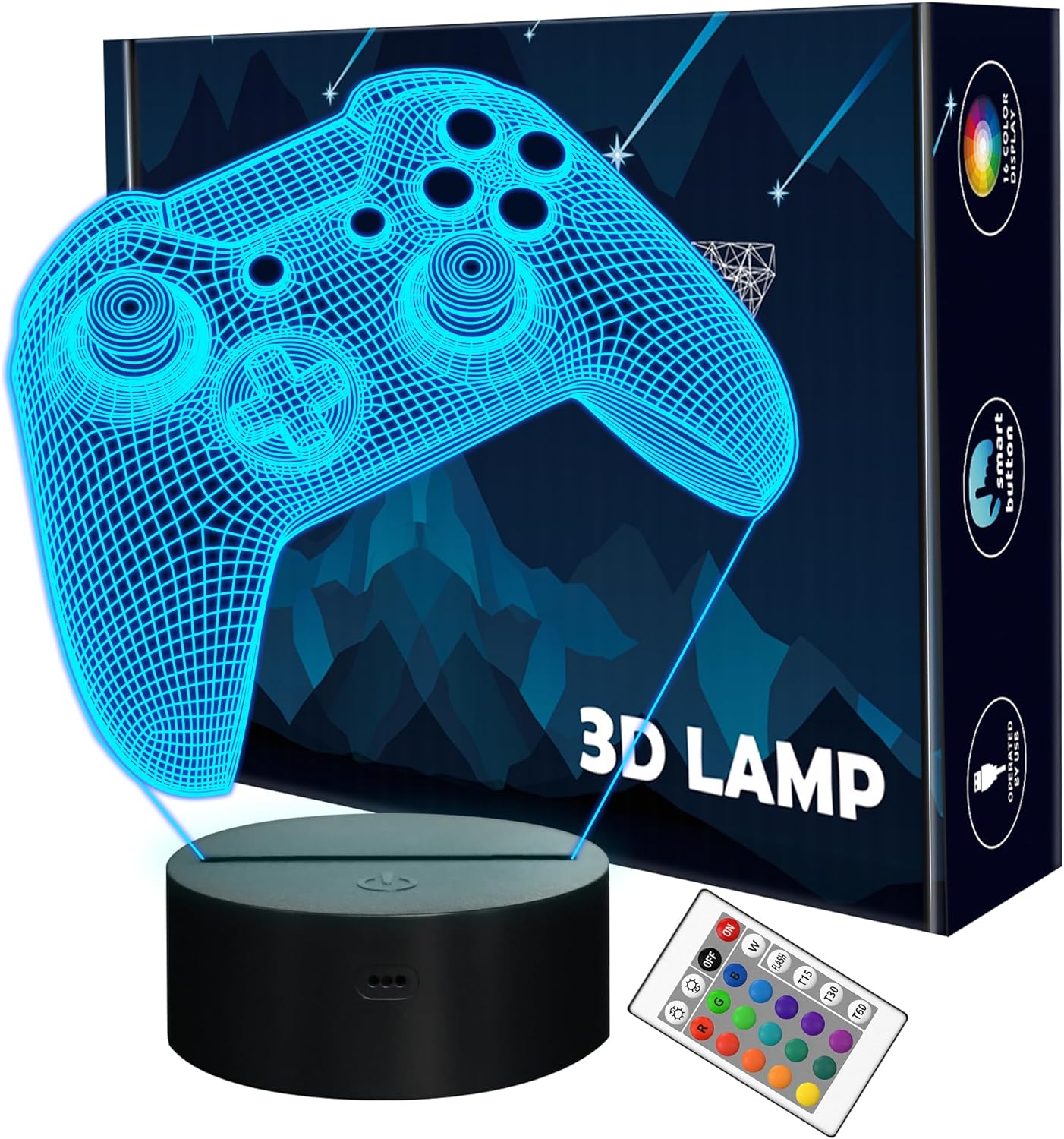 Lightzz 3D Gamepad Night Light, Game Console Illusion lamp with Remote + Touch 16 Color Flashing Changing + Timer Desk Lamps Kids Room Decor Best Festival Birthday Gifts for Game Fan