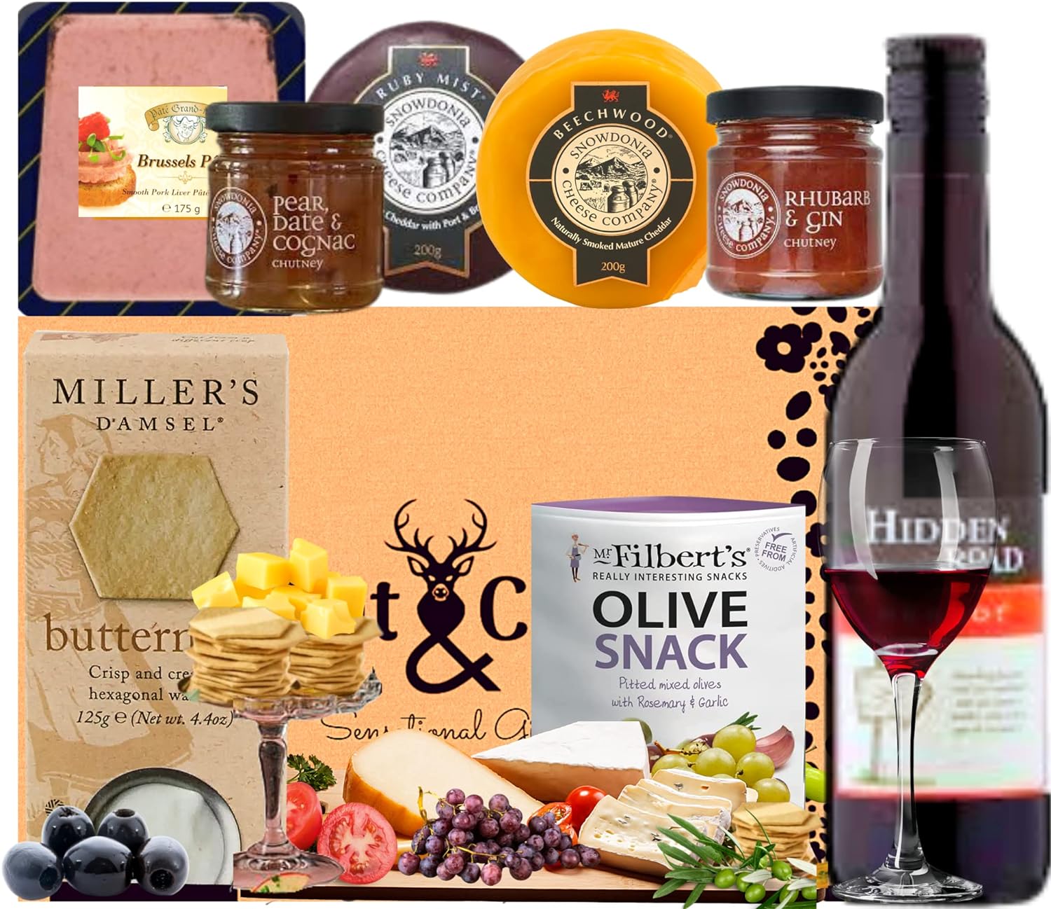 The Snowdonia Cheese and Red Wine Hamper Set - 2 Award Winning Cheeses, Snowdonia Rhubarb Gin and Pear Cognac Chutneys, Olives, Butter Milk Biscuits - Cheese Gift Set for both Men and Women