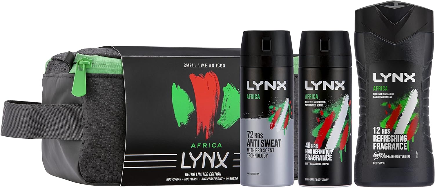 Lynx Africa Retro Limited Edition Trio Anti-Perspirant Deodorant for Men 48 hr Fragrance & Body Spray with Shower Gel with Wash bag Gift Set For Men 3 piece