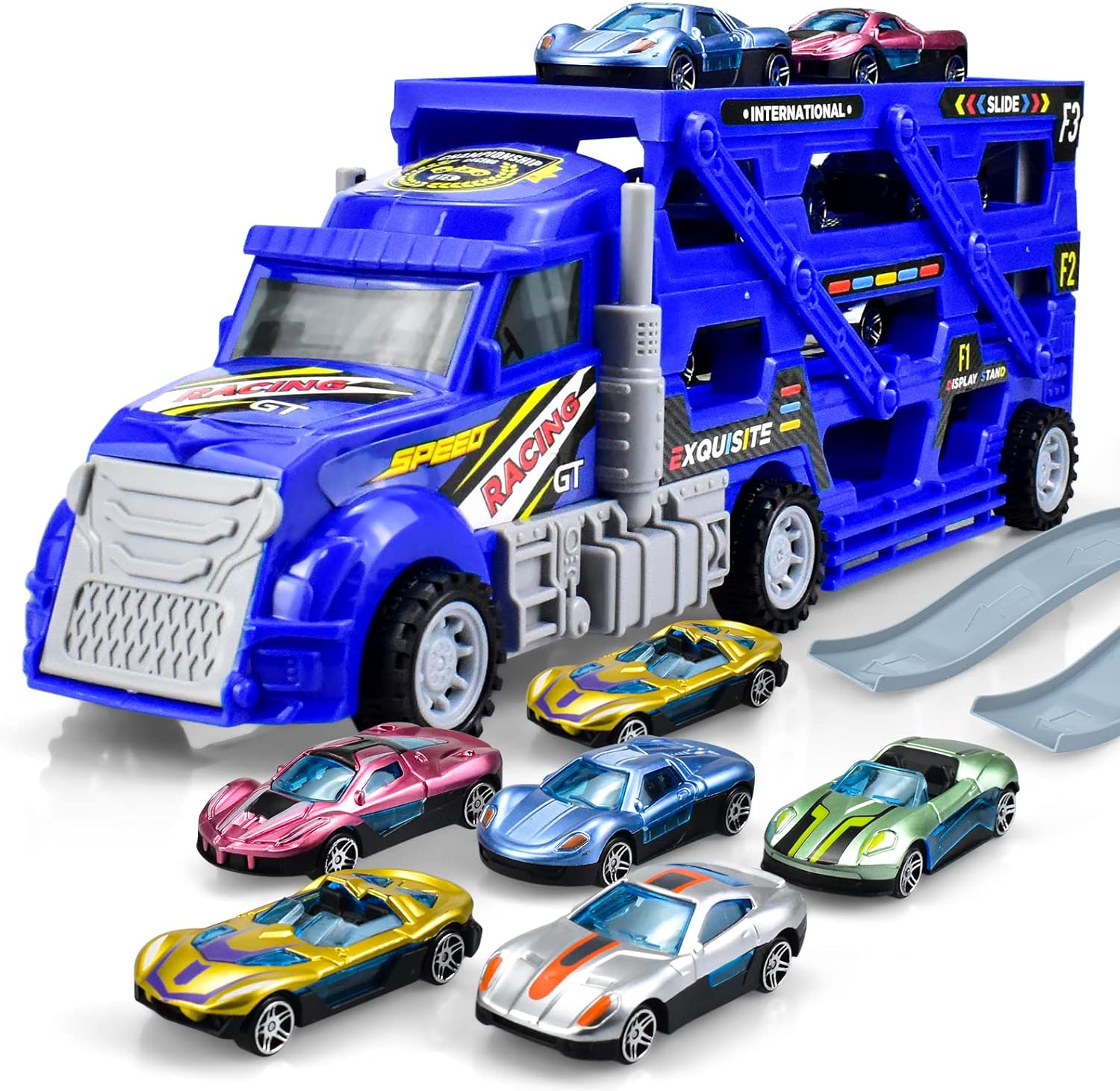 CARROUSEL Car Transporter Truck Toy for Boys Ages 2-6, 3-Layer Collapsible Design with 6 Mini Toy Cars, Safe & Durable, Gifts for 2-6 Year Old Boys