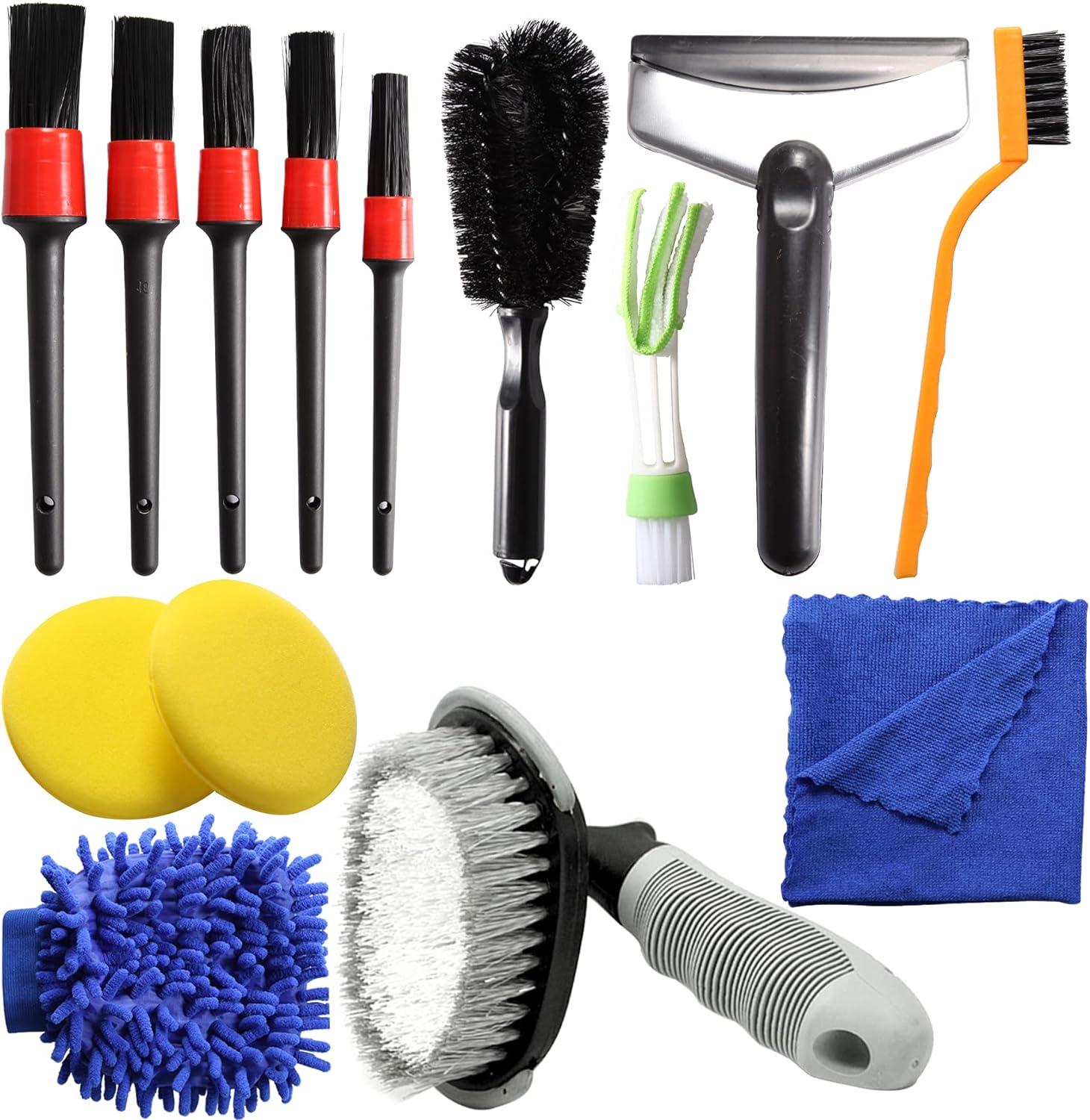 14PCS Car Detailing Cleaning Brushes Kit Car Interior Washing Tool Set Car Gifts for Men Include Tyre Brush Wheel Cleaning Brush Wire Brush Polishing Pad Wash Mitt Ice Shovel Air Vent Cleaning Brush