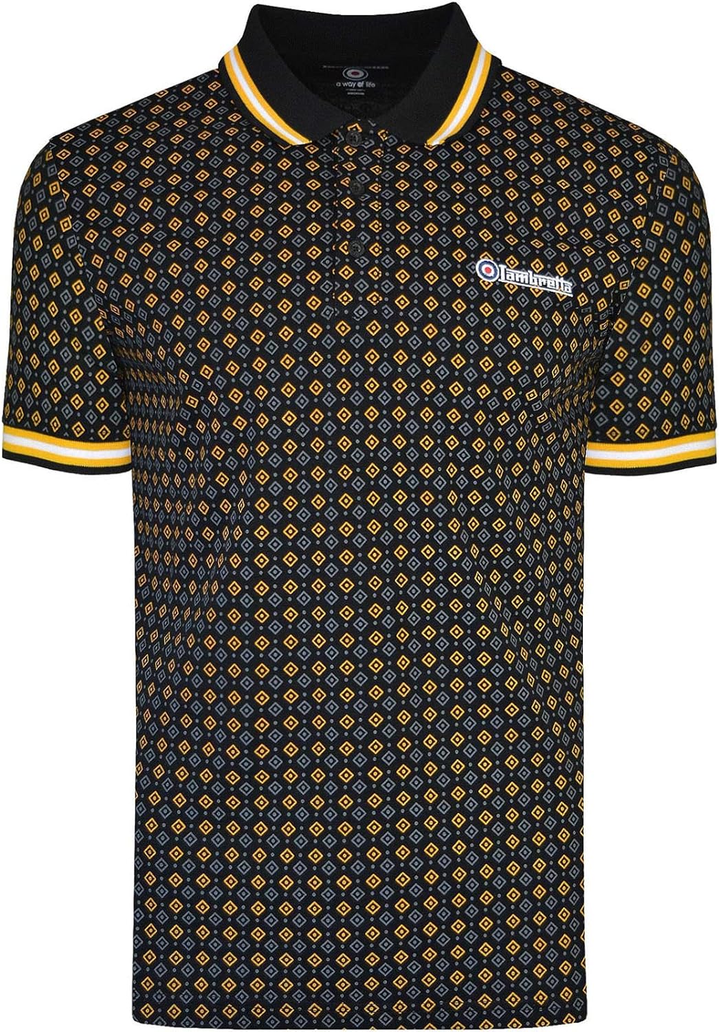 Lambretta Mens Retro All Over Geo Pattern Short Sleeve Polo Shirt 7164 - Black