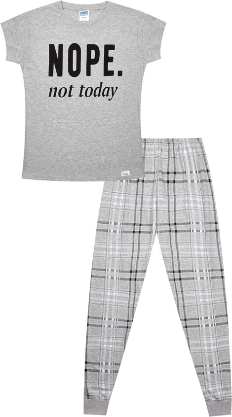 Girls Nope Not Today Checked Long Leg Cheeky Cotton PJs